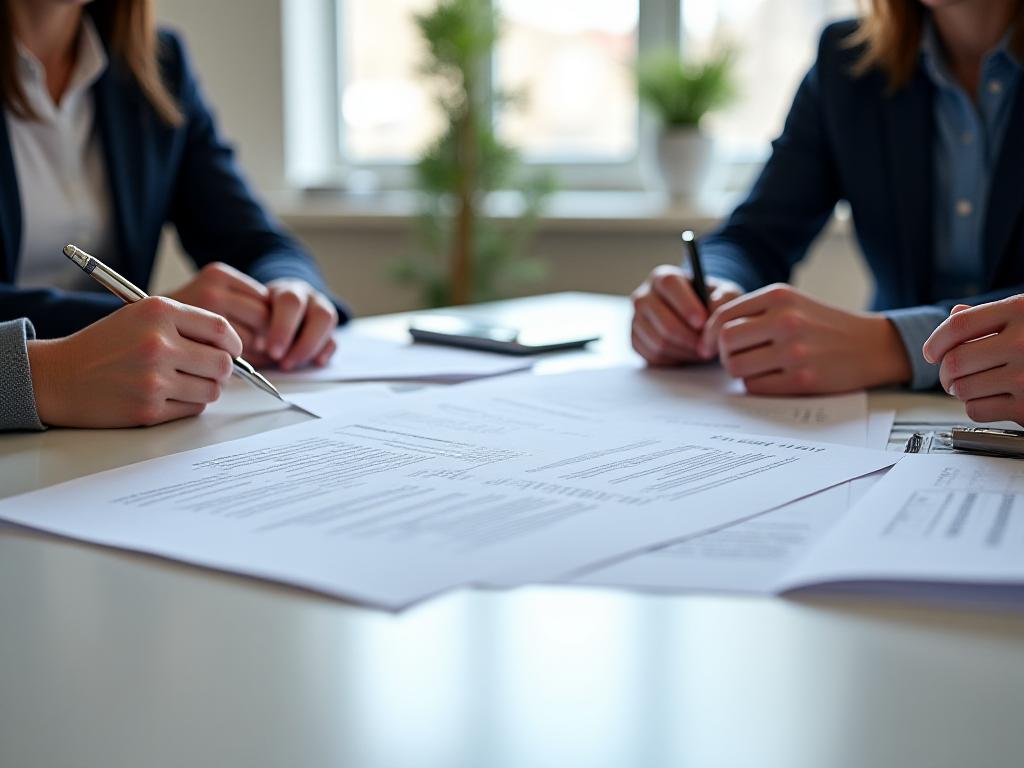 A couple reviewing a written agreement with an adviser at a bright London office table