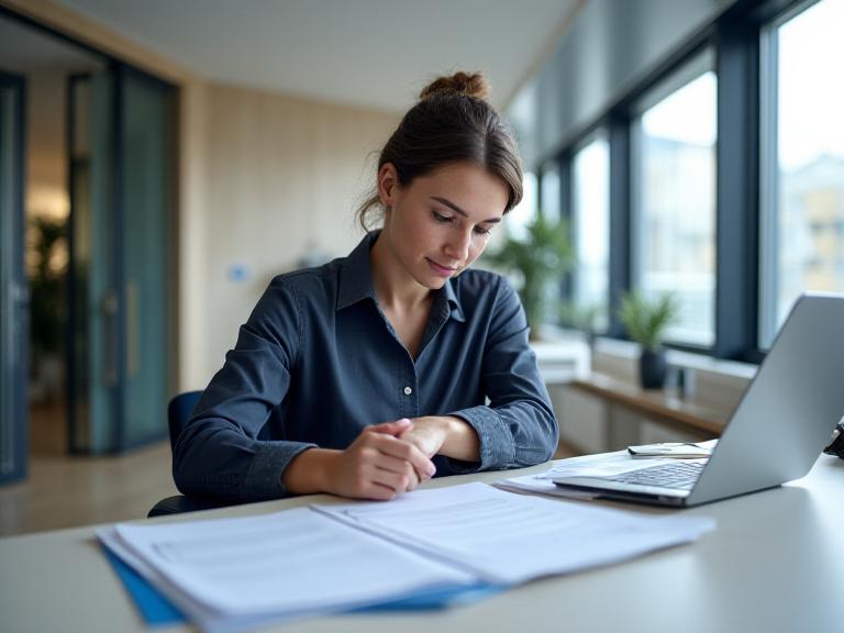 Legal adviser reviewing a case file at a desk in a calm London office