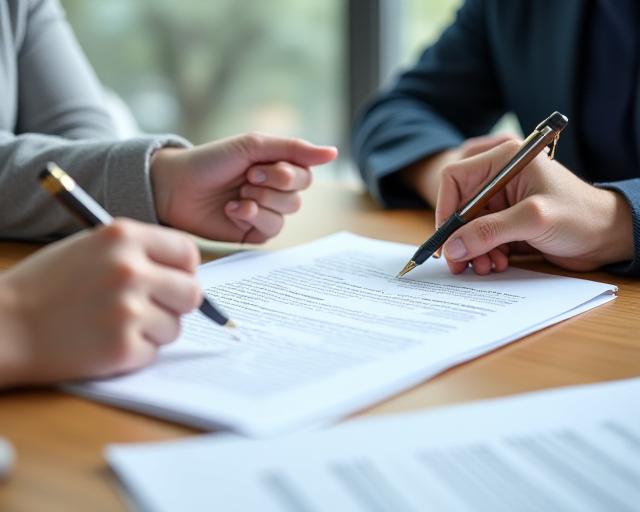 Client and legal adviser signing a clearly organised employment document across a consultation table