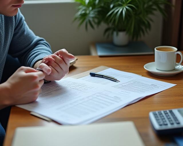 Small business owner checking a printed supplier contract at a South London work table