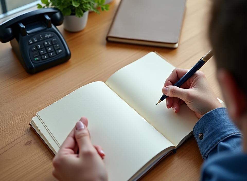 Hand writing a short enquiry in a notebook beside a telephone and closed folder on a calm London office desk