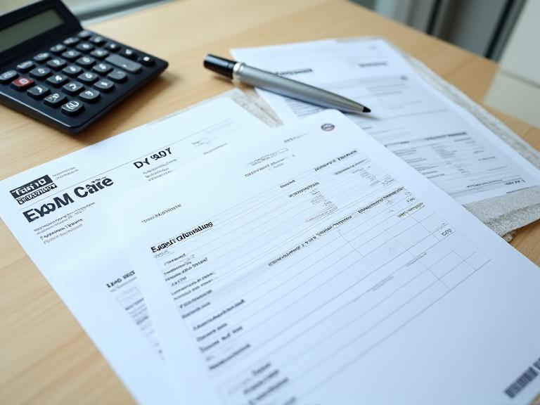 Overdue business invoices and payment correspondence arranged beside a calculator in a London office