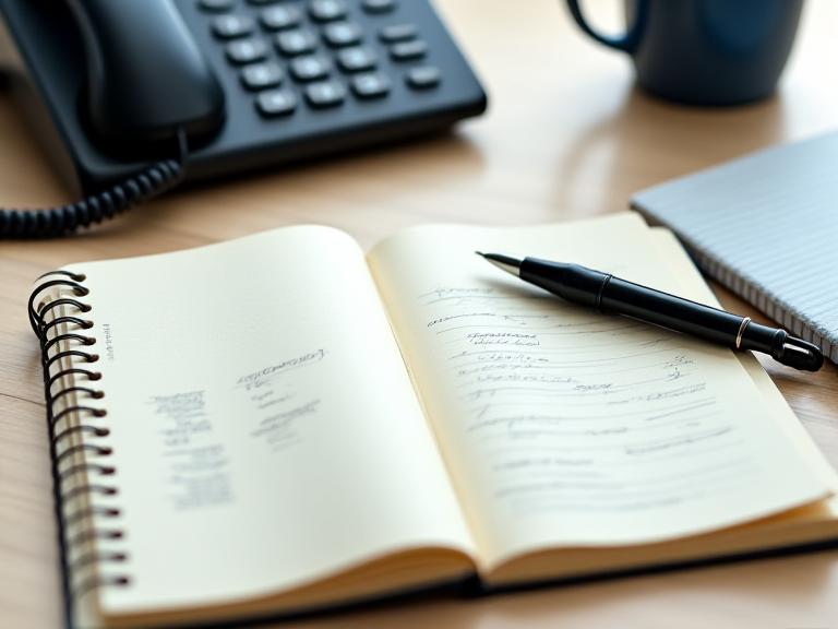 Open notebook and pen beside a telephone on a desk, ready for recording interview details