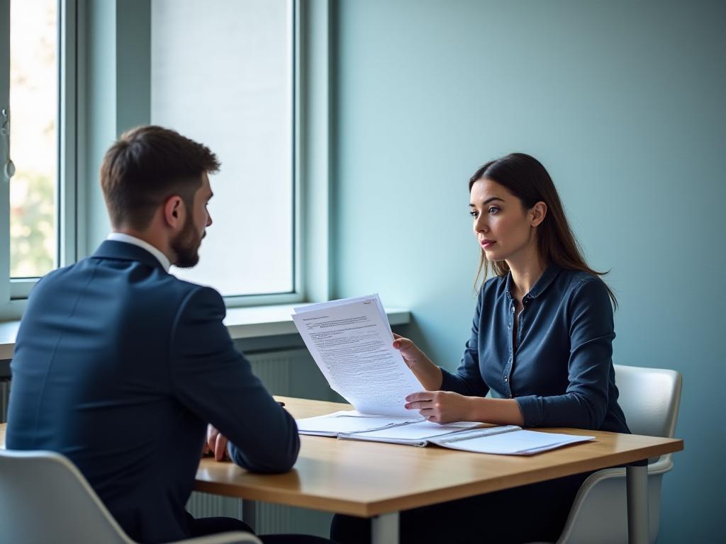 Employee and manager seated across a small meeting table reviewing redundancy consultation notes