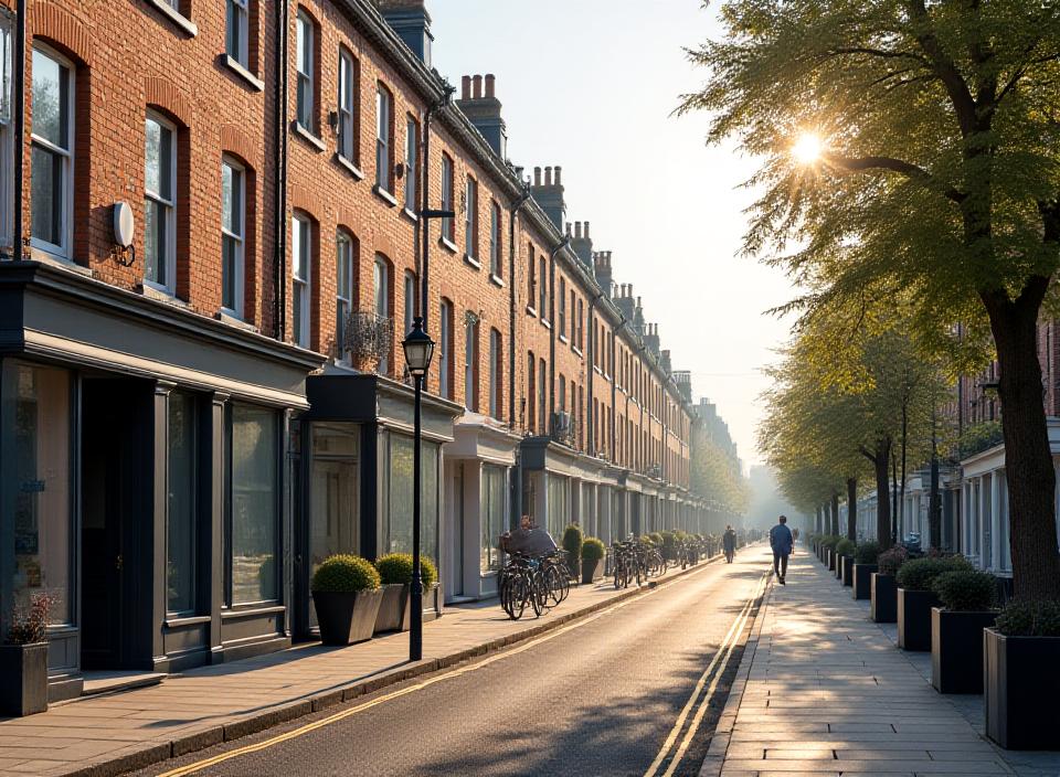 Victorian London street in Lambeth with brick terraces, pavement and local shops in the morning