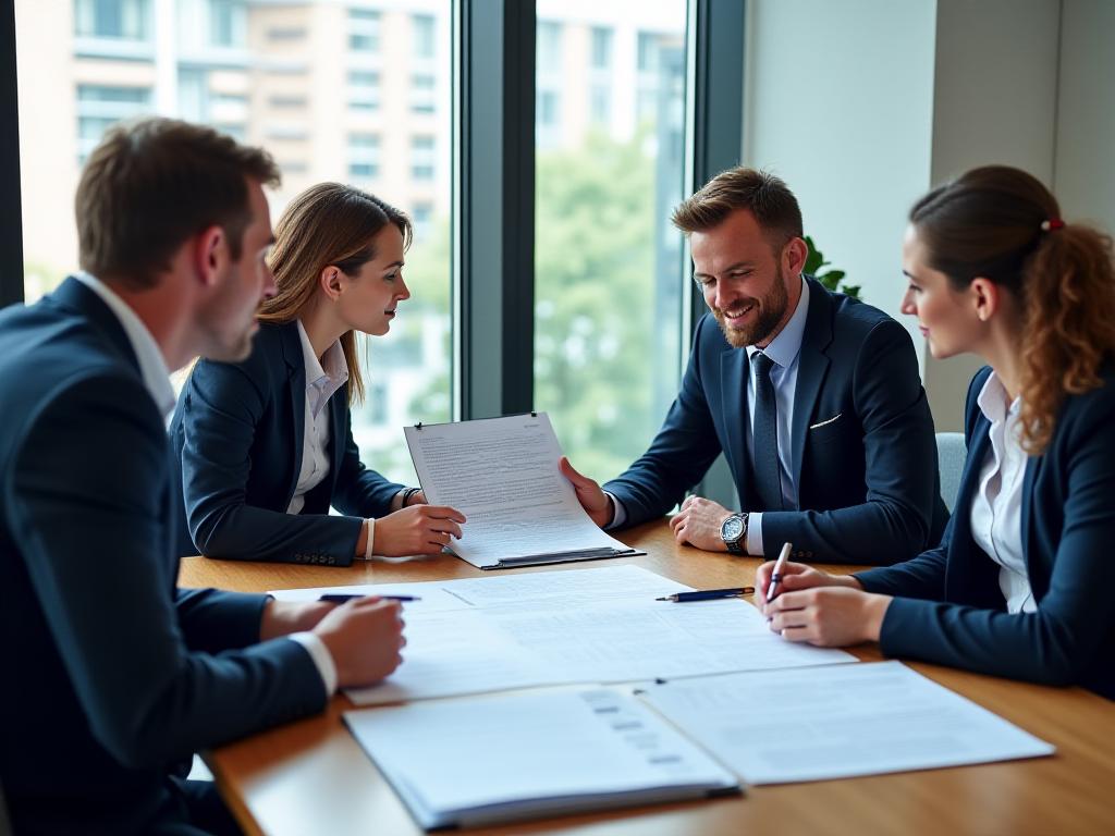 Business owners and an adviser checking staff transfer paperwork during a company sale discussion